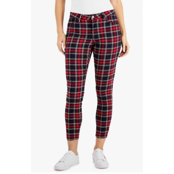 TOMMY HILFIGER Women Tribeca Skinny Pant Size 12 Navy Blue RedPlaid Stretch NWOT - Picture 1 of 10